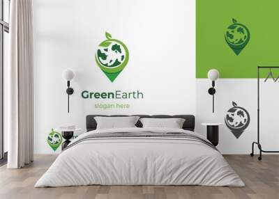 nature green earth leaf logo icon design with pin map graphic element, symbol, sign for green Earth Day place concept logo template Wall mural