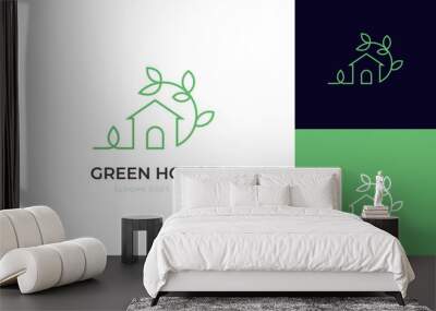 nature green house logo design line art style vector symbol icon design with leaf circle home concept, Eco friendly home logo design Wall mural