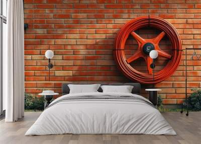 Orange hose reel mounted on a brick wall with plants below. Wall mural