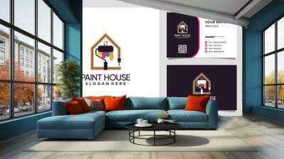 Paint house logo with roller, brush and unique concept and business card design Premium Vector Wall mural