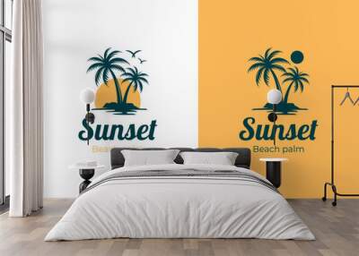 Palm tree island logo design with sunset view in coast concept idea summer vibes vector illustration Wall mural