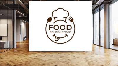 restaurant delicious food logo badge line style vector design with smile face, fork and spoon icon concept for catering, food culinary logo design Wall mural