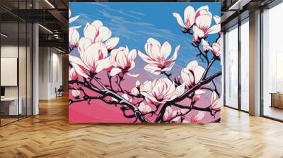 risograph vintage magnolia flower illustration background 05 Wall mural