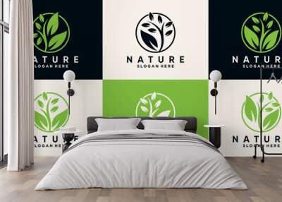 Set bundle of nature and tree logo with line art style and unique circle concept Premium Vector Wall mural