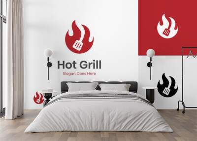 simple grilled barbecue logo, retro BBQ vector elements, fire grill food and restaurant icon design Wall mural