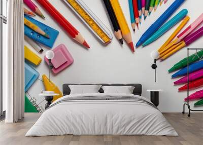 colorful school supplies on a plain white background Wall mural