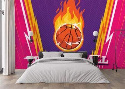 Abstract Comic Basketball on Fire Tournament Background with Colorful 90's Style and Thunder Illustration  Wall mural