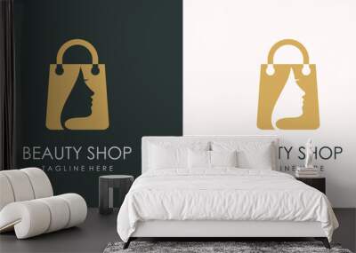 Woman logo design with creative shop bag concept Premium Vector Wall mural