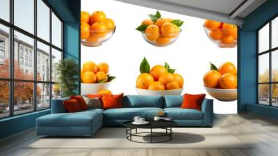 Collection bowl of fresh oranges or tangerines isolated on a transparent background Wall mural