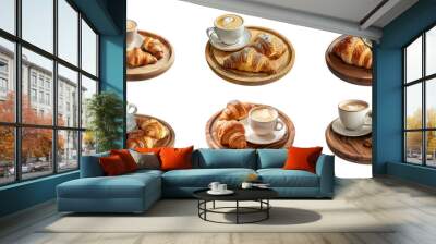 Collection of golden-brown croissants with a cup of latte coffee on a round wooden plate or tray isolated on a transparent background, cut out, PNG Wall mural