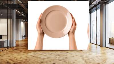 Collection of hand holds empty plate on transparent background, top view Wall mural