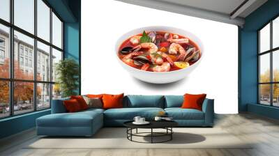 Delicious a bowl of Thai soup Tom Yam Kung with shrimps and clams isolated on white background. Created with Generative AI Technology Wall mural