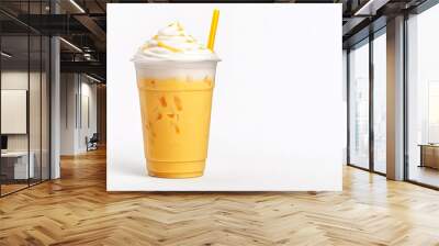 Mango smoothie milkshake in plastic takeaway cup isolated on white background with copy space Wall mural