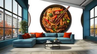 noodles with beef and vegetables in a bowl with chopsticks isolated on a transparent or white background, cut-out, top view, PNG Wall mural