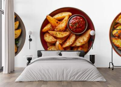 potato wedges with dipping sauce on a plate isolated on a transparent or white background, top view, cut-out, PNG Wall mural