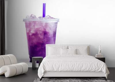 Purple drink in a plastic cup isolated on a white background. Take away drinks concept with copy space Wall mural