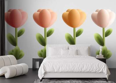 3d cute flower with leaf collection set vector mesh render style Wall mural