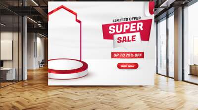 realistic red white podium display product for indonesian independence day sale banner template Wall mural