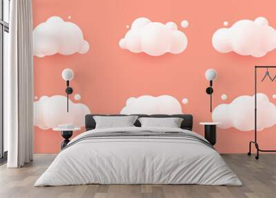 white 3d realistic clouds set isolated on a pink pastel background. Render soft round cartoon fluffy clouds icon in the  sky. 3d geometric shapes vector illustration Wall mural