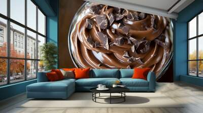 A close-up of a creamy chocolate dessert topped with chocolate chunks. Wall mural