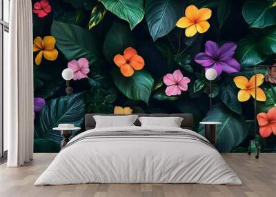 Colorful Tropical Flowers on Lush Green Foliage Wall mural