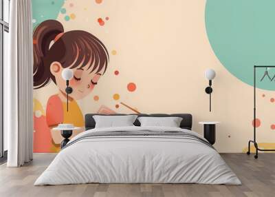 Cute illustration of a young girl reading a book, surrounded by colorful dots and abstract shapes. Wall mural