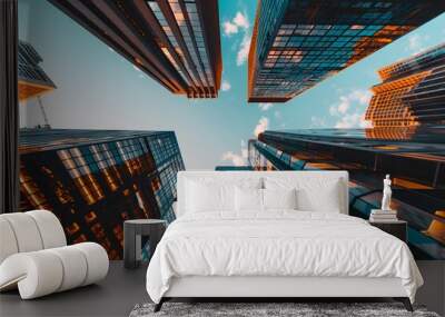 Modern Cityscape - A Low Angle View of Glass Buildings Wall mural