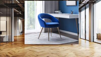 A contemporary study room featuring a bright cobalt blue chair paired with a simple white desk. A light gray rug to soften the look and add comfort to the space Wall mural