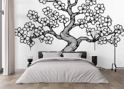 Black Line Art Beautiful Sakura Tree Decorative Hand Drawn Illustration Wall mural