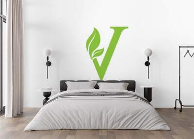 letter V and leaf vector illustration for icon, symbol or logo. V initials logo. vegetarian logo Wall mural