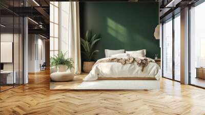 Luxurious minimalist women's bedroom with dark green walls, white bed and wooden accents Wall mural