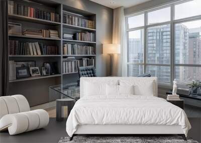 Modern minimalist library with a glass desk and steel shelving against a soft gray wall Wall mural