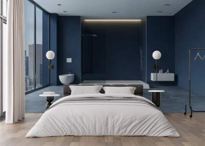 Navy walls in a modern bathroom with grey floor tiles, glass shower, and white fixtures Wall mural