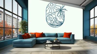 ocean waves, coconut trees and sun shining monoline design beach badge Wall mural