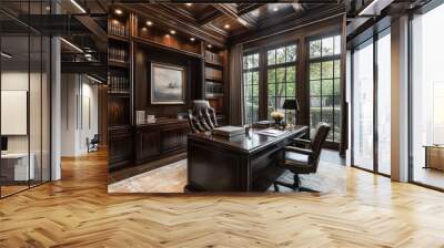 Sleek home office with dark wood furniture, minimalist decor, and statement lighting Wall mural