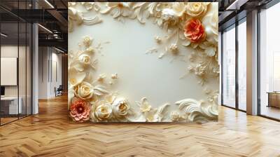 Floral Elegance: Cream and Gold Blooms Frame for Weddings and Invitations Wall mural