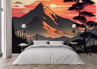 Awesome painting mountain landscape, sunset. Generative AI Wall mural