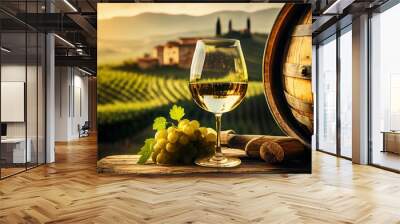 Glass of white wine on a barrel in the countryside. Generative AI. Wall mural