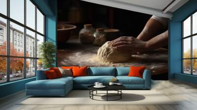 Hands of a baker working the dough, to make the bread. Generative AI. Wall mural