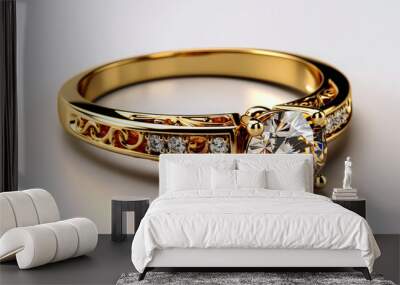 Intricate Gold Wedding Band on White Background Wall mural