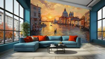 Vibrant Venice canal at sunset with gondolas and historic architecture Wall mural