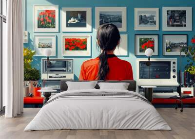 Woman seated at a desk with two retro computers and a gallery wall in the background Wall mural