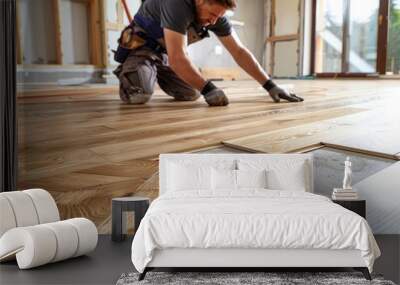 Worker Installing Hardwood Flooring in Bright Room Wall mural