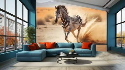 Zebra running through the African savannah. Generative AI. Wall mural