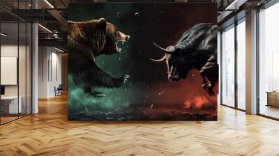 Bear market vs bull market in front of Bitcoin and cryptocurrency market chart image. Wall mural