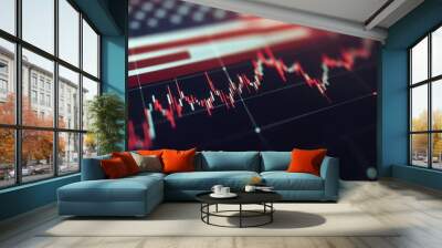 Double exposure of virtual creative financial diagram on US flag and blue sky background, banking and accounting concept Wall mural