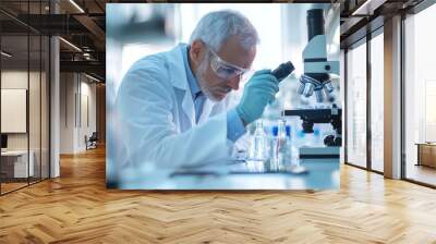 Medical, microscope and laboratory research of expert checking health sample for bacteria study. Chemistry lab, biotechnology and scientist working on chemical innovation and dna analytics Wall mural