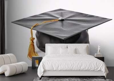 Black graduation cap with gold tassel isolated on white background. Wall mural