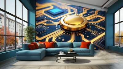 Closeup of golden button on a circuit board. Wall mural