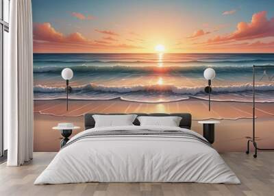 Sunset over a calm ocean with waves gently crashing on a sandy beach. Wall mural